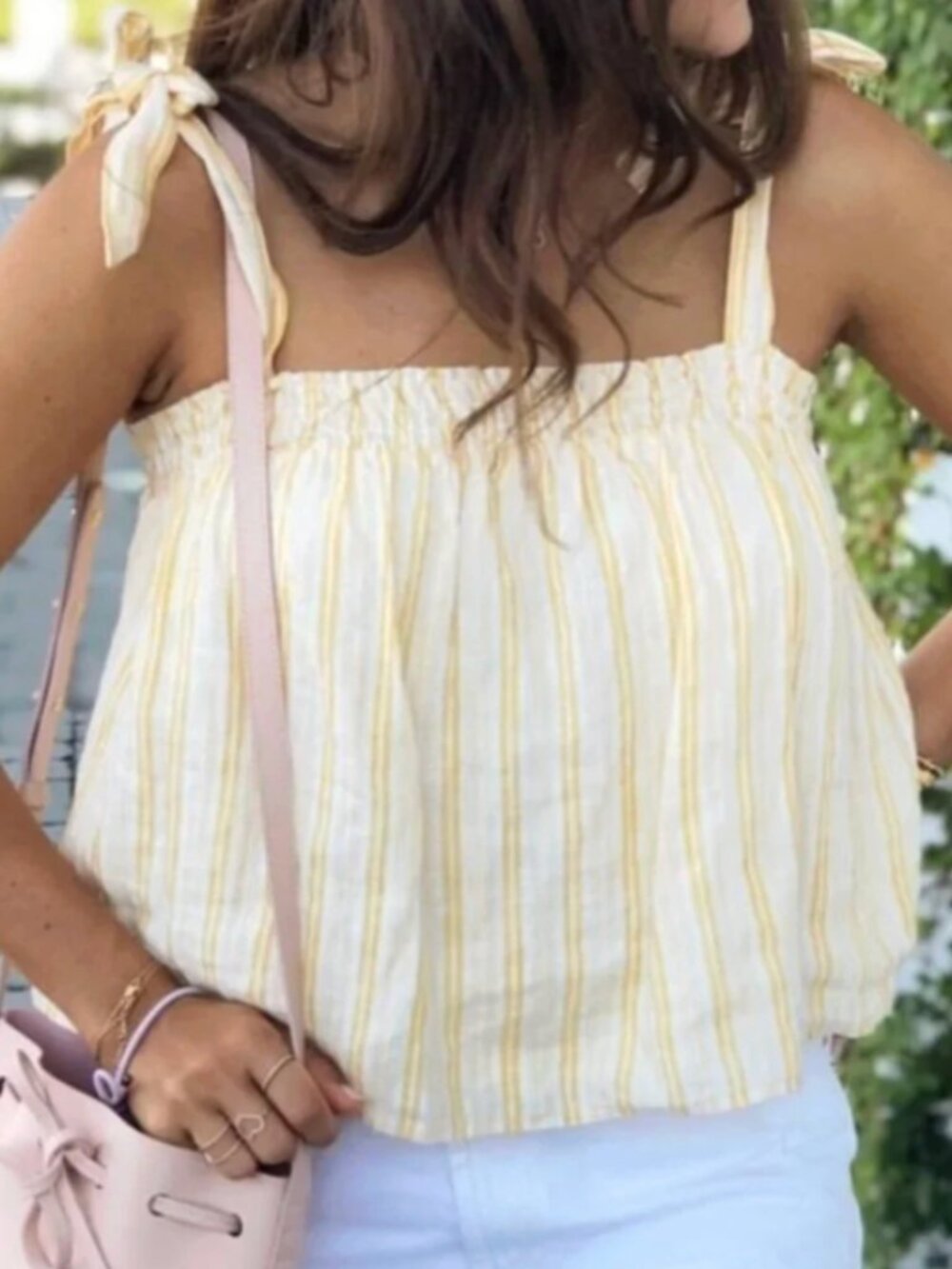 JOIE Raheda Tank Yellow White Striped Smocked Linen Cotton Cropped Blouse Small